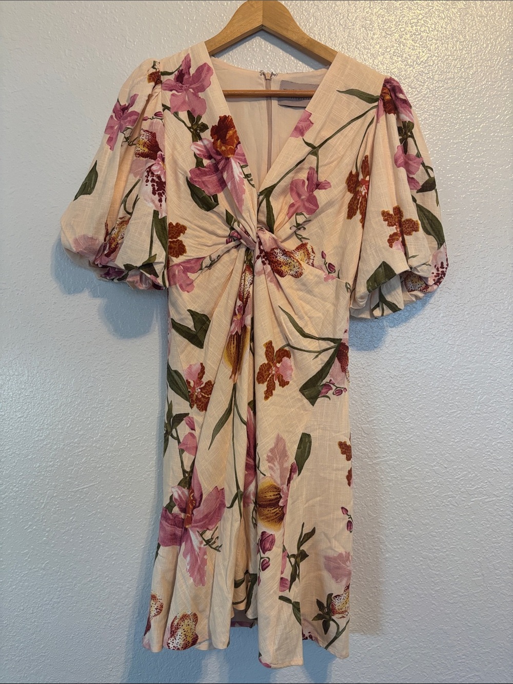 Twist-Front Puff Sleeve Midi Dress in Blush Floral